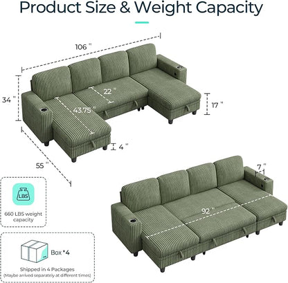 LINSY HOME Sectional Sleeper Sofa with Pull Out Couch Bed for Living Room (Green) | Plush Corduroy