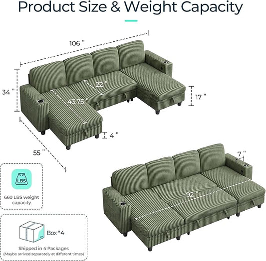 LINSY HOME Sectional Sleeper Sofa Pull Out Couches for Living Room (Green, Sleeper Sofa 3) | Pull Out Sofa Bed, Storage, USB Charging, Cup Holders, Plush Corduroy