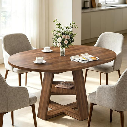 43.3in-59in Extendable Round Dining Table for 4-8,Modern Kitchen Oval Dining Table with Removable Leaves Space Saving,Wood Base with Storage Shelf for Kitchen Living Room (Walnut)