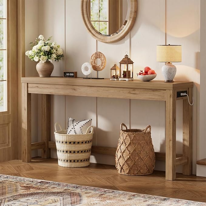Cyclysio 63" Console Table with Charging Station, 13.8" Deep Farmhouse Sofa Table Behind Couch with 2 AC Outlets & 3 USB Ports, Long Entryway TV Console or Home Office Desk, Natural Oak