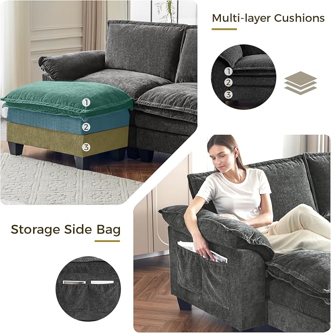 KKL Modular Sectional Sofa Bed, 4 Seater Cloud Couch with Ottoman, Chenille Sectional Couches for Living Room, Apartment,Grey