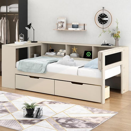 Ball & Cast Twin Size Wood L-shaped Daybed with Storage Shelves and Built-in Desk,Platform Bed w/Under-Bed Drawers & Charging Station,Upholstered Headboard,No Box Spring Needed,for Student Dorms,Cream