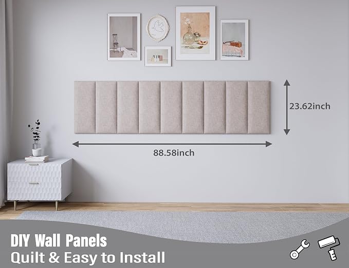Peel and Stick Upholstered Wall Mounted Headboard Full Size, 6 Panels Tufted Fabric Headboard,Wall Mounted Headboards, Interior Wall Panels for Bedroom, 10"x24" Beige