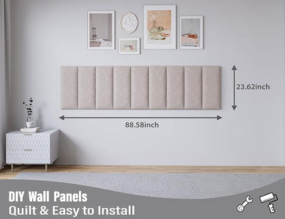 Peel and Stick Upholstered Wall Mounted Headboard Queen Size, 9 Panels Tufted Fabric Headboard,Wall Mounted Headboards, Interior Wall Panels for Bedroom, 10"x24" Beige