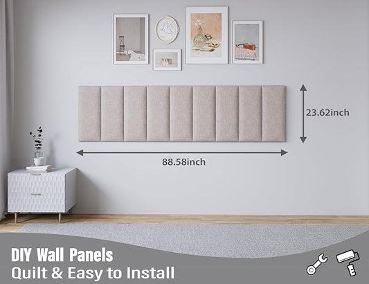 Peel and Stick Upholstered Wall Mounted Headboard Queen Size, 9 Panels Tufted Fabric Headboard,Wall Mounted Headboards, Interior Wall Panels for Bedroom, 10"x24" Beige