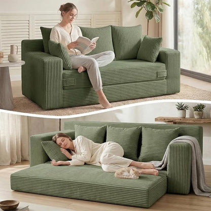 Oversize Loveseat Boneless Convertible Sofa Bed, Folding Floor Futon Sleeper Sofa Queen Size Couch Bed- Boneless Foldable Couch, Corduroy Pull Out Sofa Bed with 5 Pillows for Living Room & Bedroom
