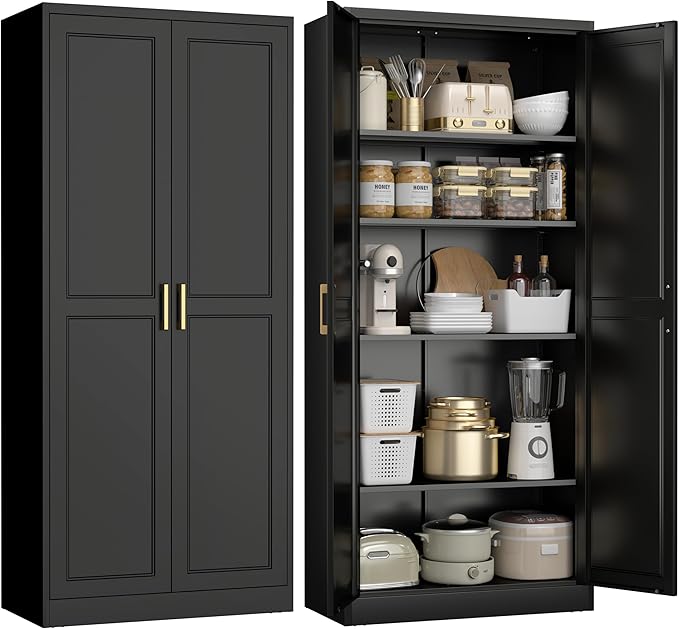 UNICOLY 71" Kitchen Pantry Cabinet, Pantry Storage Cabinet with Doors and 4 Shelves, Metal Storage Cabinets for Kitchens, Living Room, Dinning Room, Assembly Required, Black