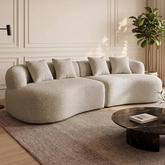113" Curved Sectional Sofa Modern Cream Cloud Couch Modular Sectional Couches for Living Room Boneless Cloud Sofa Boucle Loveseat Comfy Chenille Deep Seat with 4 Pillows, Light Brown