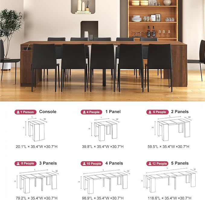 Extendable Dining Table with Built-in Power Outlet, 118” Expandable Dining Table for 11, Expandable Console Table with Storage Cabinet, Modern Transformer Table Walnut