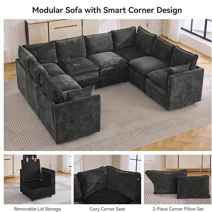 105" Dark Grey Oversized Modular Storage Sofa, U Shaped Chenille Couch | Oversized Convertible Sectional Sofa, 8-Seat Sectional Couch With Armrests, Large Cloud Couch For Living Room, Apartment.