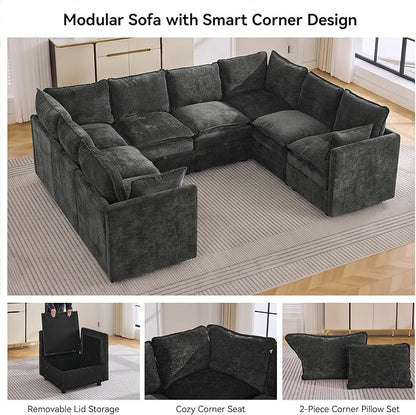 105" Dark Grey Oversized Modular Storage Sofa, U Shaped Chenille Couch | Oversized Convertible Sectional Sofa, 8-Seat Sectional Couch With Armrests, Large Cloud Couch For Living Room, Apartment.