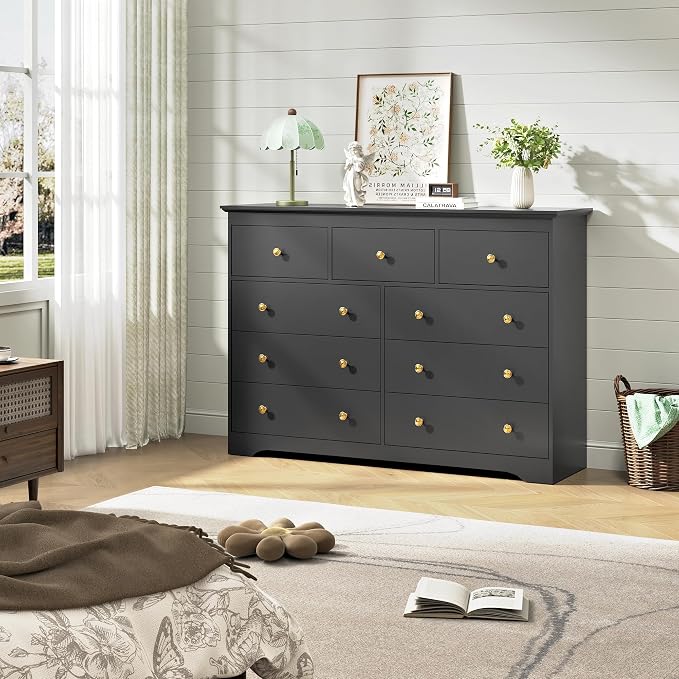 Black Dresser for Bedroom，55" Wide 9 Drawers Dressers,Modern Wooden Chest for Living Room, Hallway