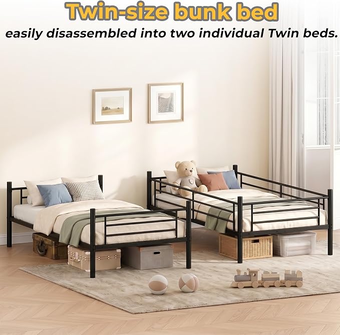 Bunk Bed Twin Over Twin, Metal Bunk Bed with Front Ladder and Safety Guardrail, Space-Saving Twin Bunk Beds for Kids, Teens & Adults, No Box Spring (Front Laddder, Black)