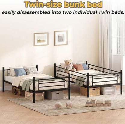 Bunk Bed Twin Over Twin, Metal Bunk Bed with Front Ladder and Safety Guardrail, Space-Saving Twin Bunk Beds for Kids, Teens & Adults, No Box Spring (Front Laddder, Black)