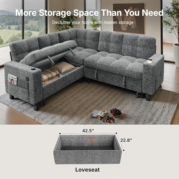 AMADA HOMEFURNISHING 85″ Modular Sectional Sleeper Sofa with Pull Out Couch, U Shaped 5 Seat Sectional Sofa with Storage, USB Ports & Cup Holders, Chenille Cloud Couches for Living Room, Light Gray