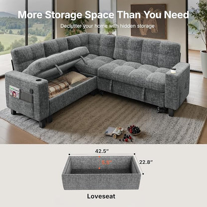 AMADA HOMEFURNISHING 85″ Modular Sectional Sleeper Sofa with Pull Out Couch, U Shaped 5 Seat Sectional Sofa with Storage, USB Ports & Cup Holders, Chenille Cloud Couches for Living Room, Light Gray