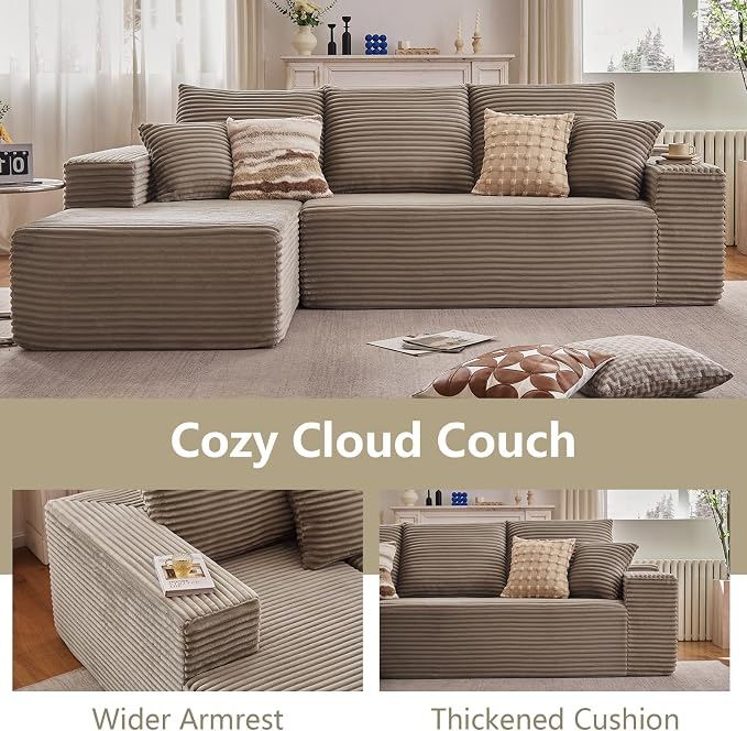 107" Cloud Sectional Couch with L-Shape Chaise, Modern Modular Comfy Sofa with Deep Seat, Upholstered Corduroy Couches Sleeper Chaise Longue for Living Room Bedroom, No Assembly Required, Camel