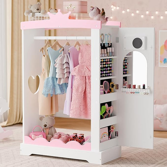 Xilingol Kids Armoire with Jewelry Cabinet, Dress up Storage with Mirror, Princess Dress Closet and Costumes Wardrobe Closet, Costume Organizer for Bedroom, Kids Room, Girls (White)