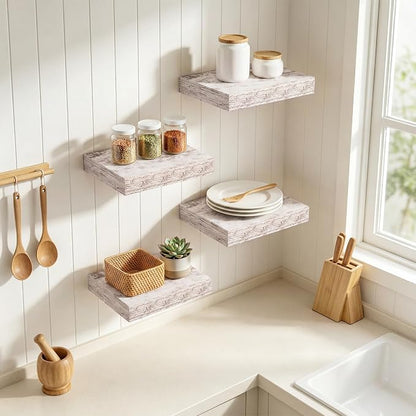 RICHFOCUS 8 Inch Floating Shelves for Wall Small Square Shelves Set for Plant|Bedroom|Kitchen|Bathroom Rustic Wood Wall Mounted Shelf with Invisible Brackets for Books|Storage|Decor, Rustic White