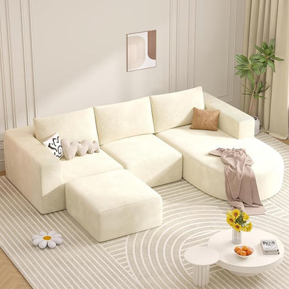 Boneless Couches for Living Room with Chaise,104" Modular Sectional Sofa with Convertible Ottoman,Cozy Cloud Couch with U-Shaped,Sponge Compression Sofas in a Box,No Assembly Required(Beige) 1pcs