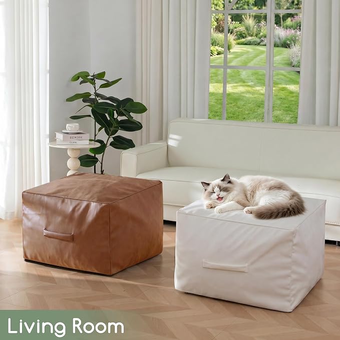 HIGOGOGO Square Stuffed Pouf Ottoman, Pu Leather Poufs with Foam Chunk Filling, Furry and Fluffy Pouf Foot Stool Storage Ottoman,26x18 Inches Floor Poufs Foot Rest for Living Room, Brown
