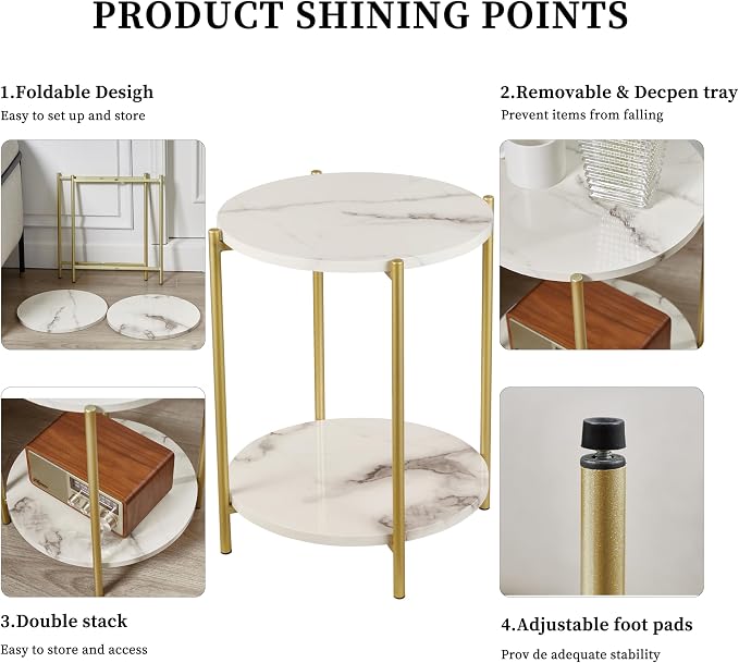 Gawicpy 2 Tier Round Side Table, Folding End Tables Coffee Table Simplistic Sofa Table Waterproof Removable Tray Table Indoor Outdoor Accent Table for Living Room Bedroom (Faux Marble White, 2pcs)
