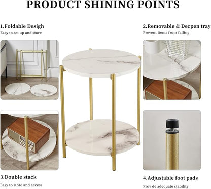 Gawicpy 2 Tier Round Side Table, Folding End Tables Coffee Table Simplistic Sofa Table Waterproof Removable Tray Table Indoor Outdoor Accent Table for Living Room Bedroom (Faux Marble White, 2pcs)