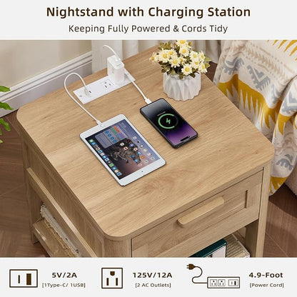 Joaxswe Farmhouse Night Stand Set of 2 with Charging Station, Wood Bed Side Tables Bedroom Set of 2 with Drawer & Open Storage Shelf, Natural Wood