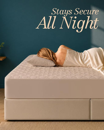 Quilted Fitted Mattress Pad, Queen Mattress Protector Topper with Deep Pocket Stretches up to 16 Inches, Machine Washable Mattress Cover by Utopia Bedding (Beige)