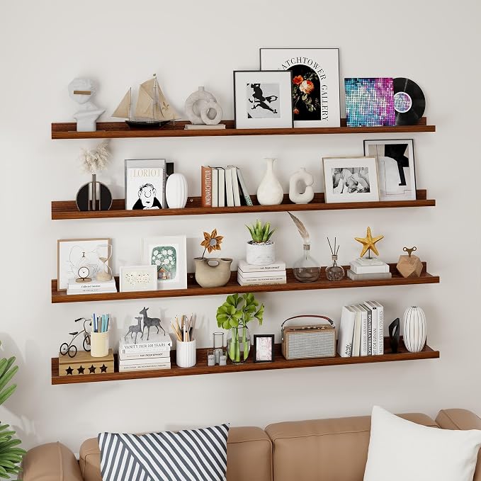 Axeman Picture Ledge Shelf | 55 Inch Walnut Floating Shelves Set of 4 | Rustic Wood Wall Shelves with Lip | 55" Walnut Picture Shelves for Wall with Ledge | Photo Shelves