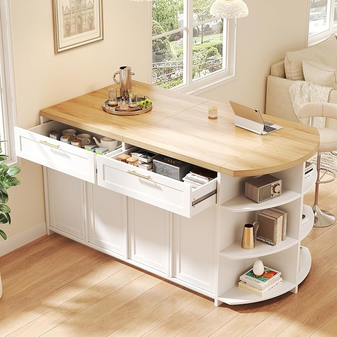 HSH 63” Large Kitchen Island with Storage & Seating, Modern Counter Height Island Table with 2 Drawers & Cabinets, 3 Oval Open Shelves, Stationary Island Prep Table for Kitchen Dining Room, Light Oak