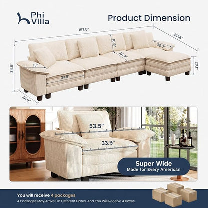 PHI VILLA Cloud Modular Couch Sets, 157.5" Oversized Sectional Sofa with L-Shaped Chaise, 5-Seater Upholstered Couches with Movable Ottoman for Living Room, Corduroy Beige