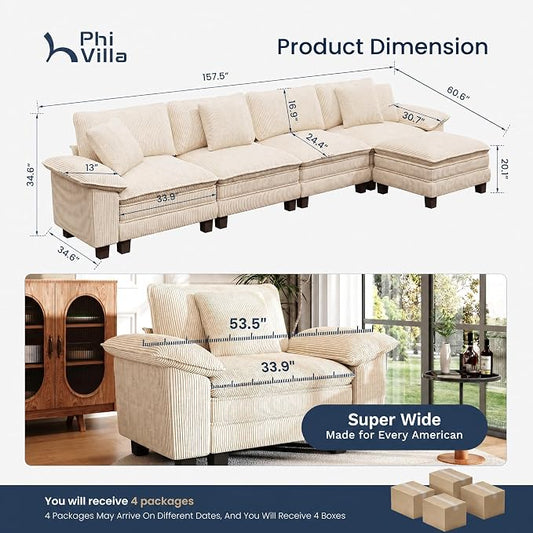 PHI VILLA Cloud Modular Couch Sets, 157.5" Oversized Sectional Sofa with L-Shaped Chaise, 5-Seater Upholstered Couches with Movable Ottoman for Living Room, Corduroy Beige