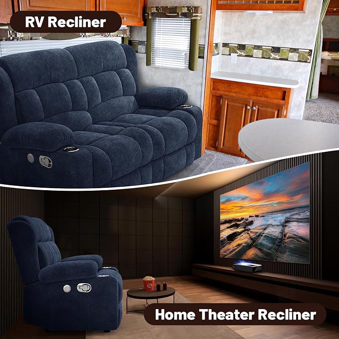 Loveseat Recliner Sofa Set with 2+1+1 Pieces, 2 Seater Minimalist Style Fabric Manual Pull Tab Reclining Loveseat with USB Charge Ports, Cup Holders, Recliner Couches for Living Room, RV, Blue