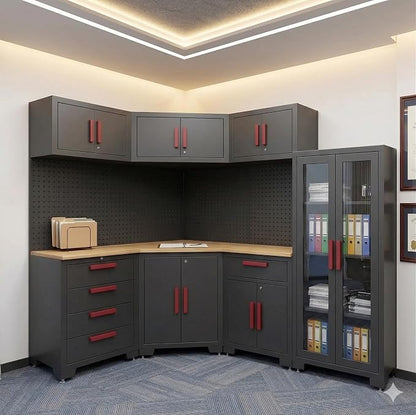 Corner Workshop Set,10-Pcs Garage Cabinets and Storage System with Corner Cabinet, Cabinet Drawers, Workbench, Pegboard for Tool Organization, Red and Black