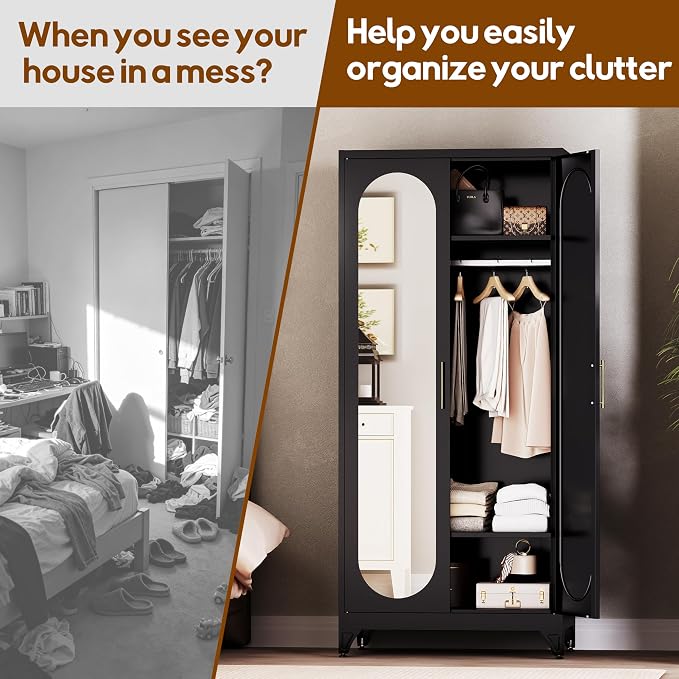 UNICOLY Metal Wardrobe Cabinet with Mirror Doors，71" Tall Armoire Wardrobe Closet with Hanging Rod and Adjustable Shelves，Black Clothing Storage Cabinets for Bedroom, Living Room,Office
