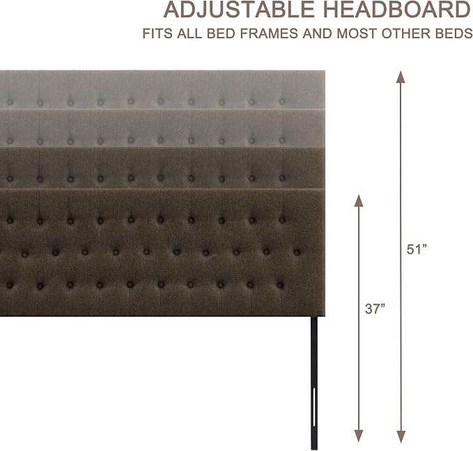 Tufted Upholstered Headboard Queen Size, Adjustable Height 37- 51 in, Brown | Sturdy and Durable Solid Wood Bed Headboard, Fabric Queen Headboard Only, Modern Button Diamond Design Head Board