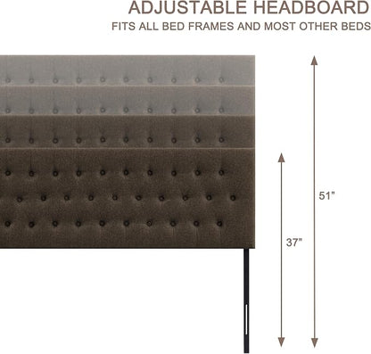 Tufted Upholstered Headboard King Size, Adjustable Height 37- 51 in, Brown | Sturdy and Durable Solid Wood Bed Headboard, Fabric King Headboard Only, Modern Button Diamond Design Head Board