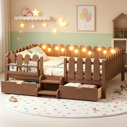 Bellemave Queen Kids Montessori Bed with Stairs, Bookshelf and LED Lights, Solid Wood Kids Bed Frame with Storage Drawers for Boys Girls, Low Profile,Deep Natural