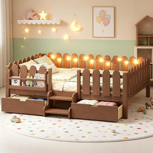 Bellemave Queen Kids Montessori Bed with Stairs, Bookshelf and LED Lights, Solid Wood Kids Bed Frame with Storage Drawers for Boys Girls, Low Profile,Deep Natural