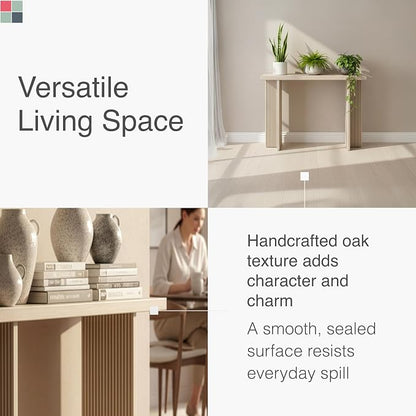 Stead Fluted Console Table – Weathered White Solid Wood Entryway Table with Oak Grain Veneer, Curved Base & Adjustable Feet – Modern Farmhouse Fluted Console Table for Hallway or Living Room.