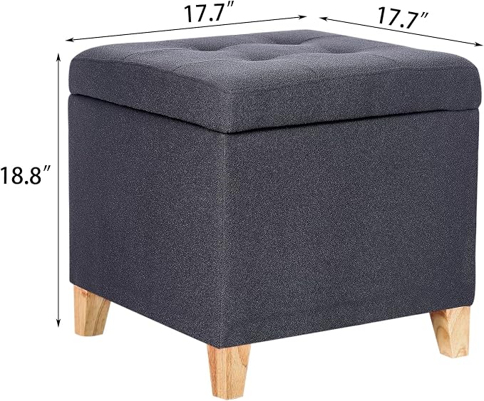 Adeco Storage Ottoman Bench with Solid Wood Legs, Dark Grey Cotton Linen Upholstered Tufted Footstool, Hinged Lid Cube for Living Room, Bedroom, Entryway, 17.7" Square