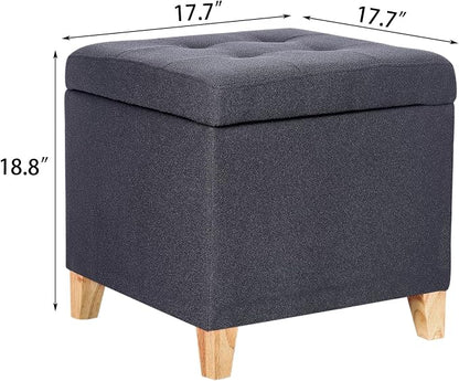 Adeco Storage Ottoman Bench with Solid Wood Legs, Dark Grey Cotton Linen Upholstered Tufted Footstool, Hinged Lid Cube for Living Room, Bedroom, Entryway, 17.7" Square