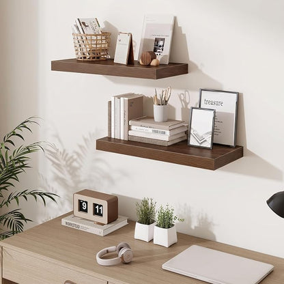 Fun Memories 24 x 10 Floating Shelves Wall-Mounted - Rustic Wood Shelf - 10 Inch Deep Floating Shelves for Wall - Large Storage Shelf for Bathroom - Kitchen & Bedroom - Walnut - Set of 3