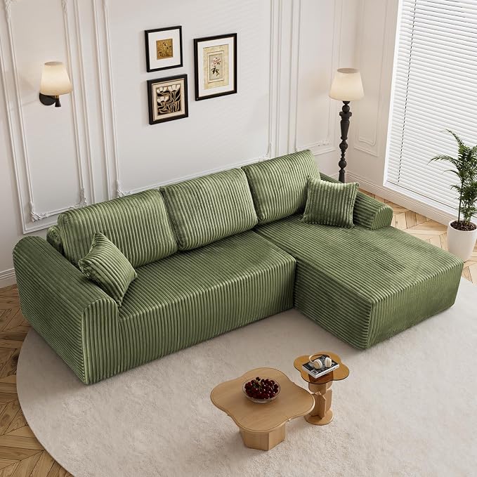 110" L Shaped Boneless Sectional Couches for Living Room, Comfy Corduroy Floor Cloud Sofa with Chaise, Wide Armrest, Deep Seat, Memory Foam, Assembly Free, Ideal for Small Spaces, Green