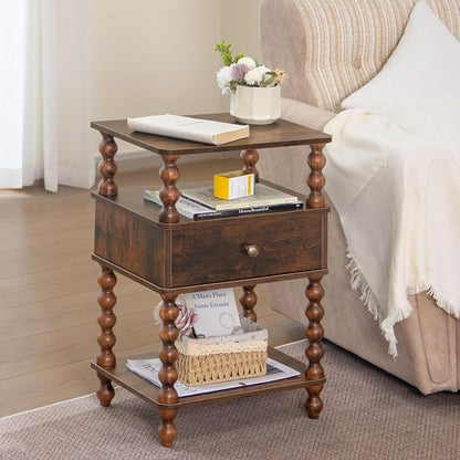 AWASEN Night Stand, Bed Side Table Bedroom with Drawer, 3-Tier Small Nightstand End Table with Storage for Small Spaces &Solid Wood Spindle Legs, Rustic Brown