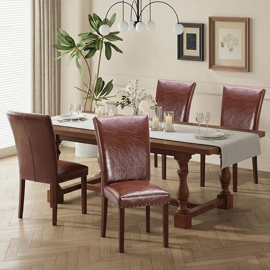 COLAMY Upholstered Parsons Dining Chairs Set of 4, PU Leather Dining Room Kitchen Side Chair with Nailhead Trim and Wood Legs - Light Brown