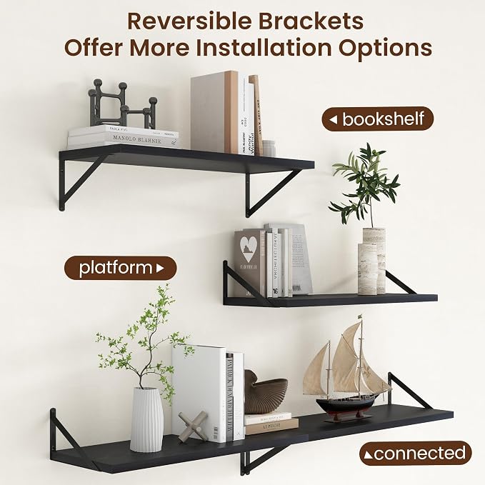 Axeman Deep Floating Shelves - 30 Inch Black Floating Shelves Set of 2-12 Inch Deep Wood Wall Shelves for Living Room Bathroom Kitchen