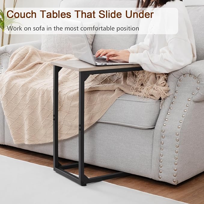 AMHANCIBLE C Shaped End Table Set of 2, Couch Side Table that Slide Under Sofa, Narrow Small Space TV Trays for Living Room, Bedroom, Greige HET02CGY