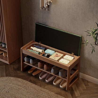 AQIMUELE Shoe Rack Bench,2 Tiers Shoe Bench with Storage with Flip-Top,Wood Shoe Rack for Entryway,Hallway（Green Upholstered Seat,11.8" D x 31.5" W x 15.7" H）